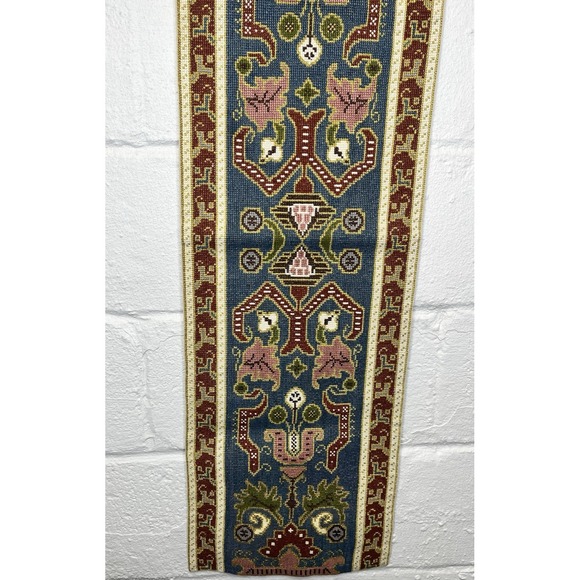 Hand Embroidered Floral Table Runner Tapestry Eastern European Turkish Blue Red - Picture 4 of 10